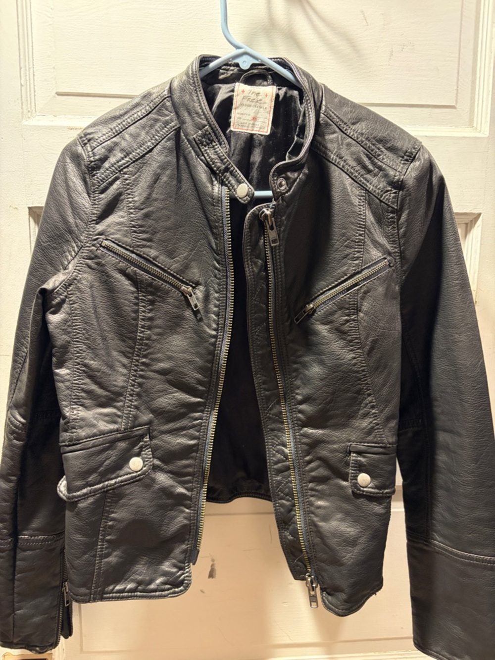 Free People Black Faux Leather Moto Jacket with Silver Hardware